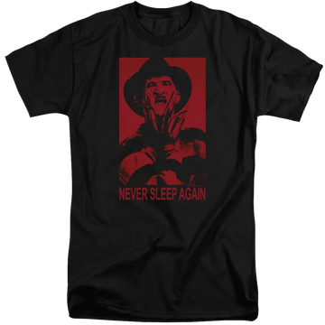 Black men's tall fit t-shirt with A Nightmare on Elm Street Never Sleep Again graphic