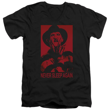 Black men's v-neck t-shirt with A Nightmare on Elm Street Never Sleep Again graphic