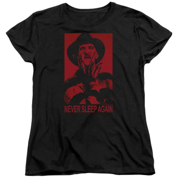Black women's t-shirt with A Nightmare on Elm Street Never Sleep Again graphic