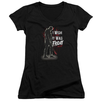 Black juniors v-neck t-shirt with Friday The 13th I Wish It Was Friday graphic