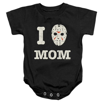 Black baby bodysuit with Friday The 13th Mommas Boy graphic
