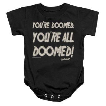 Black baby bodysuit with Friday The 13th Doomed graphic