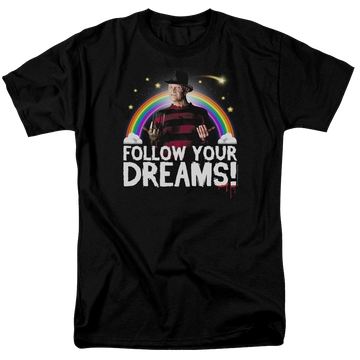 Black men's regular fit t-shirt with Friday The 13th Follow Your Dreams graphic
