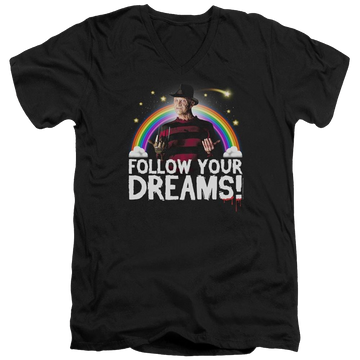 Black men's v-neck t-shirt with Friday The 13th Follow Your Dreams graphic