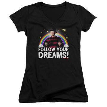 Black juniors v-neck t-shirt with Friday The 13th Follow Your Dreams graphic