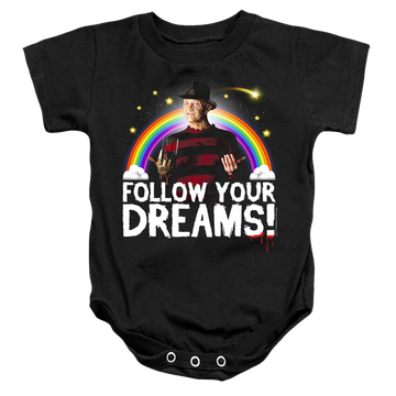 Black baby bodysuit with Friday The 13th Follow Your Dreams graphic