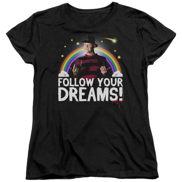 Black women's t-shirt with Friday The 13th Follow Your Dreams graphic