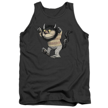 Charcoal men's tank with Where The Wild Things Are Carol graphic