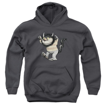 Charcoal youth hoodie for ages 8 to 12 with Where The Wild Things Are Carol graphic