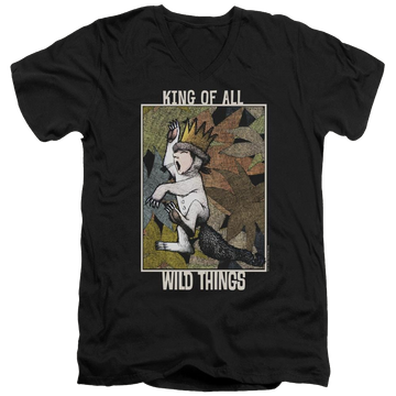 Black men's v-neck t-shirt with Where The Wild Things Are King Of All Wild Things graphic