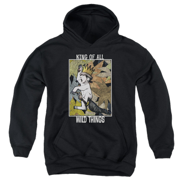 Black youth hoodie for ages 8 to 12 with Where The Wild Things Are King Of All Wild Things graphic