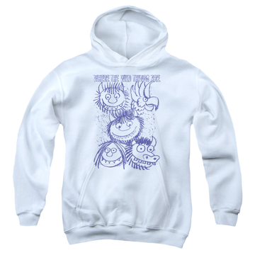 White youth hoodie for ages 8 to 12 with Where The Wild Things Are Wild Sketch graphic