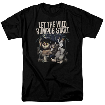 Black men's regular fit t-shirt with Where The Wild Things Are Wild Rumpus graphic