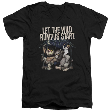 Black men's v-neck t-shirt with Where The Wild Things Are Wild Rumpus graphic
