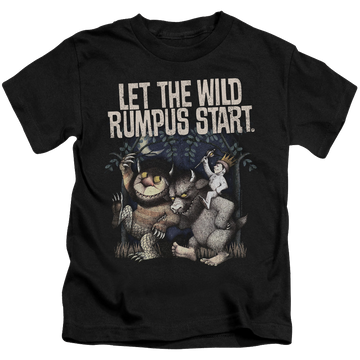 Black kid's t-shirt for ages 4 to 7 with Where The Wild Things Are Wild Rumpus graphic