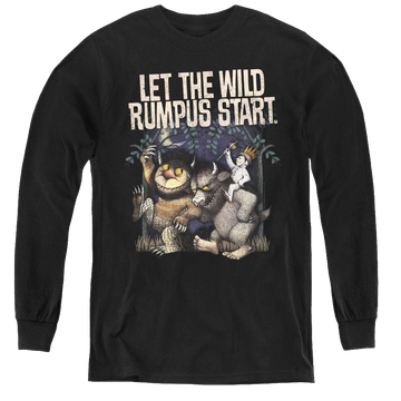 Black youth long sleeve t-shirt with Where The Wild Things Are Wild Rumpus graphic