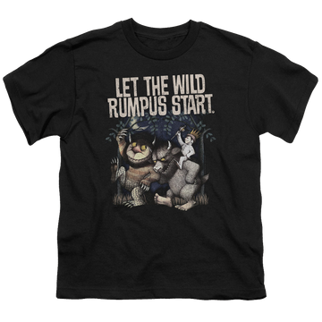 Black youth t-shirt for ages 8 to 12 with Where The Wild Things Are Wild Rumpus graphic