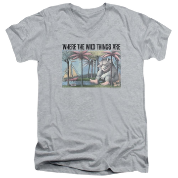 Athletic heather men's v-neck t-shirt with Where The Wild Things Are Cover Art graphic