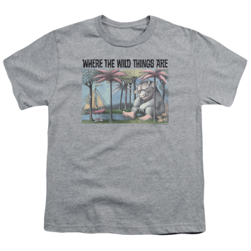 Athletic heather youth t-shirt for ages 8 to 12 with Where The Wild Things Are Cover Art graphic