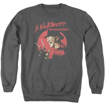 Charcoal men's crewneck sweatshirt with A Nightmare on Elm Street Freddy Circle graphic