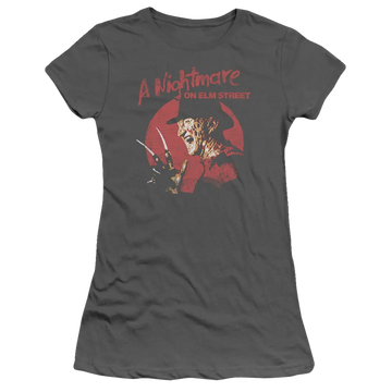 Charcoal juniors t-shirt with A Nightmare on Elm Street Freddy Circle graphic