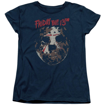 Navy women's t-shirt with Friday The 13th Rough Mask graphic