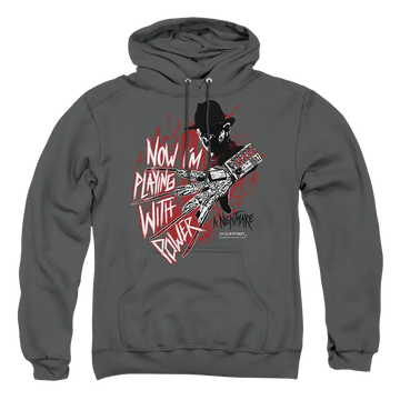 Charcoal pullover hoodie with A Nightmare on Elm Street Playing With Power graphic