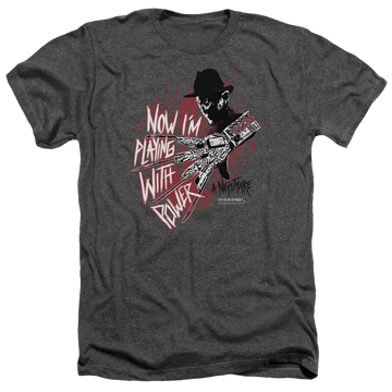 Charcoal men's heather t-shirt with A Nightmare on Elm Street Playing With Power graphic