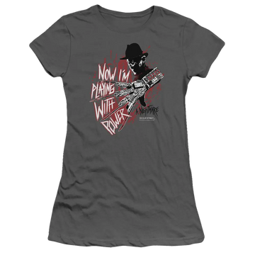 Charcoal juniors t-shirt with A Nightmare on Elm Street Playing With Power graphic