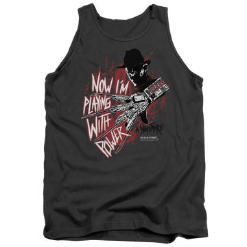 Charcoal men's tank with A Nightmare on Elm Street Playing With Power graphic