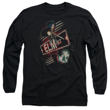 Black men's long sleeve t-shirt with A Nightmare on Elm Street Elm St graphic
