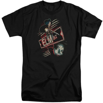 Black men's tall fit t-shirt with A Nightmare on Elm Street Elm St graphic