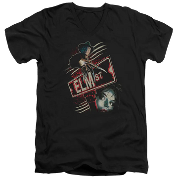 Black men's v-neck t-shirt with A Nightmare on Elm Street Elm St graphic