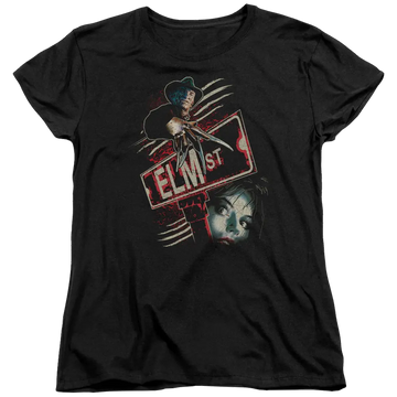 Black women's t-shirt with A Nightmare on Elm Street Elm St graphic