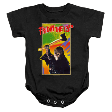 Black baby bodysuit with Friday The 13th Retro Game graphic
