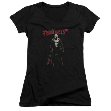 Black juniors v-neck t-shirt with Friday The 13th Chchch Ahahah graphic