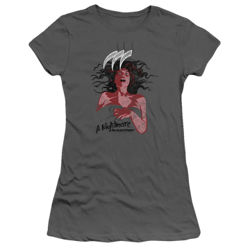 Charcoal juniors t-shirt with A Nightmare on Elm Street Illustrated European Poster graphic