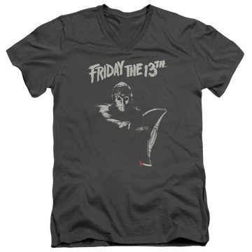 Charcoal men's v-neck t-shirt with Friday The 13th Ax graphic
