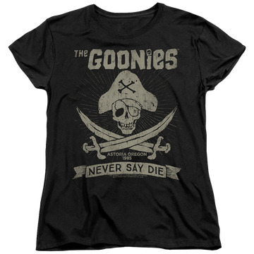 Black women's t-shirt with The Goonies Never Say Die graphic