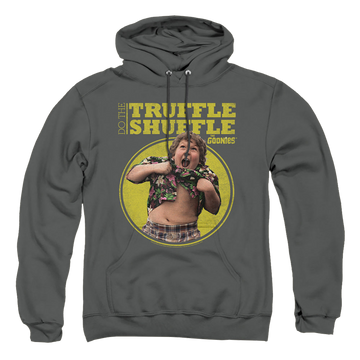 Charcoal pullover hoodie with The Goonies Chunk Truffle Shuffle graphic