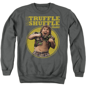 Charcoal men's crewneck sweatshirt with The Goonies Chunk Truffle Shuffle graphic