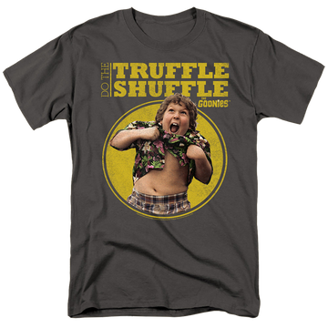 Charcoal men's regular fit t-shirt with The Goonies Chunk Truffle Shuffle graphic