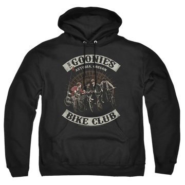 Black pullover hoodie with The Goonies Bike Club graphic