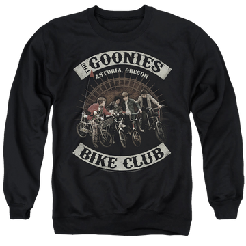 Black men's crewneck sweatshirt with The Goonies Bike Club graphic