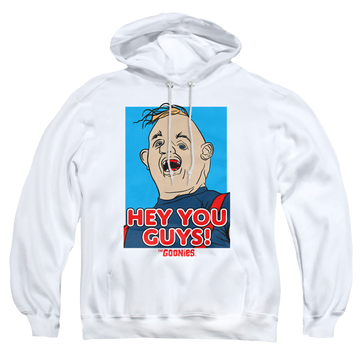 White pullover hoodie with The Goonies Sloth Hey You Guys graphic