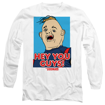 White men's long sleeve t-shirt with The Goonies Sloth Hey You Guys graphic