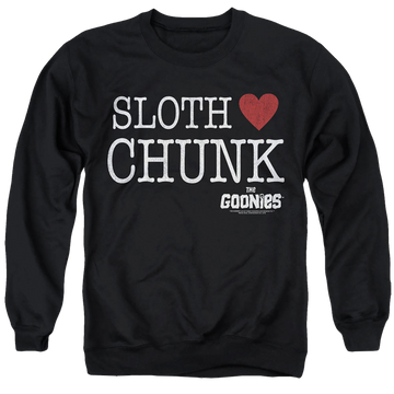 Black men's crewneck sweatshirt with The Goonies Sloth Heart Chunk graphic