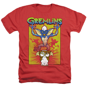 Red men's heather t-shirt with Gremlins Be Afraid graphic