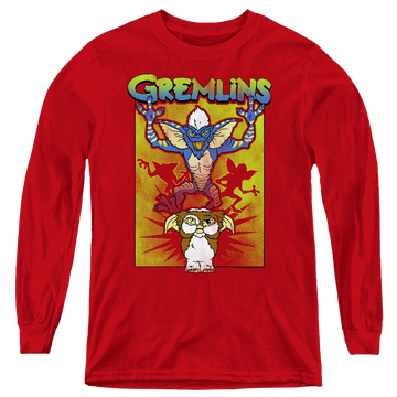 Red youth long sleeve t-shirt with Gremlins Be Afraid graphic