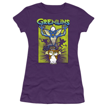 Purple juniors t-shirt with Gremlins Be Afraid graphic